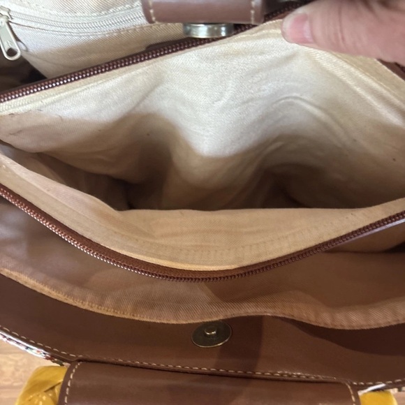 Fossil Handcrafted Bag 14”L 11”H Wood Handles & Shoulder Strap Weave Multicolor - Picture 10 of 13